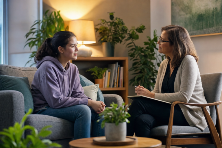 School counselor talking calmly with a student, support for trauma in the classroom