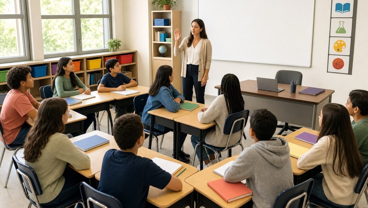 Classroom Management A Guide for K12 Teachers and Schools | edCircuit A teacher gives a calm raised hand attention signal in an organized middle school classroom with color coded supply bins and a picture routine chart an example of classroom management