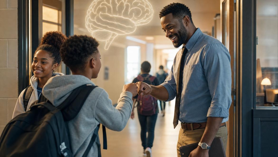 Coachs Corner 3 Tips to Catalyze Positive Interactions | edCircuit Teacher greeting students warmly at the door with a soft glowing calm brain outline above positive interactions