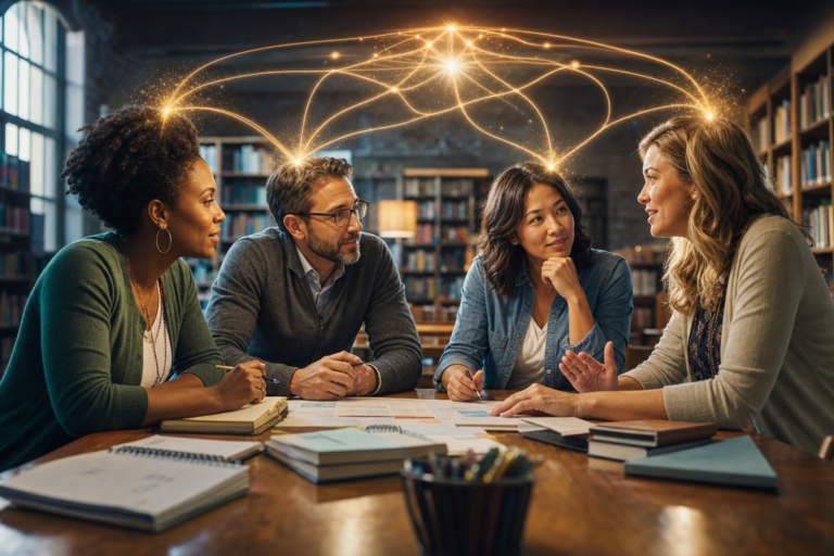Four teachers at a table linked by glowing lines into one network, collaborating minds