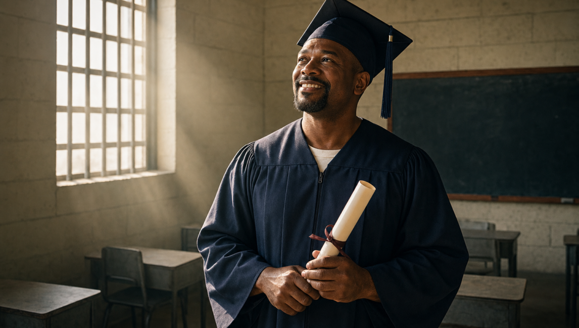 InformED Report College Degrees Behind Bars | edCircuit College degrees behind bars a graduate in cap and gown holds his diploma in a prison classroom lit by a barred window