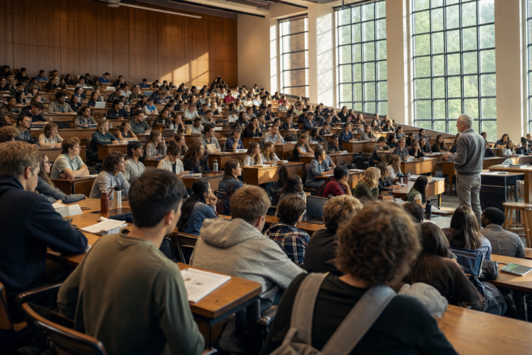 High school students taking notes in a college lecture hall, college in high school