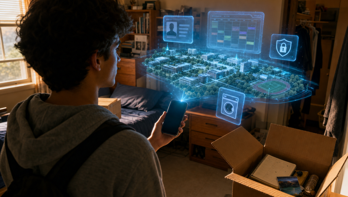 College Technology Prep for FirstYear Students | edCircuit College technology prep for first year students a student in a dorm room holds up a phone projecting a campus map ID schedule security shield and laundry icon