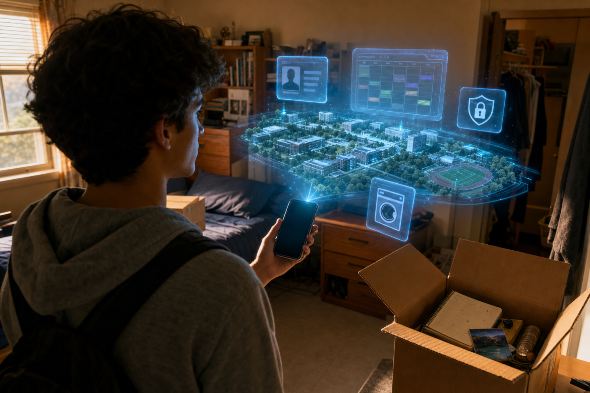 College technology prep for first-year students: a student in a dorm room holds up a phone projecting a campus map, ID, schedule, security shield and laundry icon