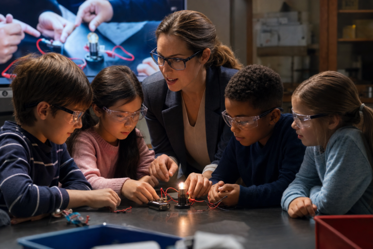 Students in goggles building a simple circuit during a science lesson