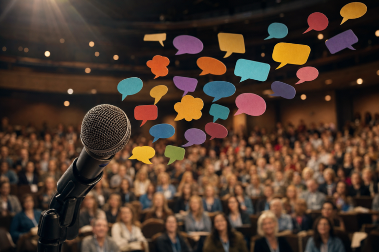 Microphone with colorful speech bubbles floating toward an audience, communication in education