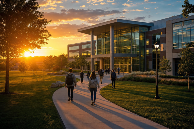 Path leading to a community college building at sunrise, a community college in your future