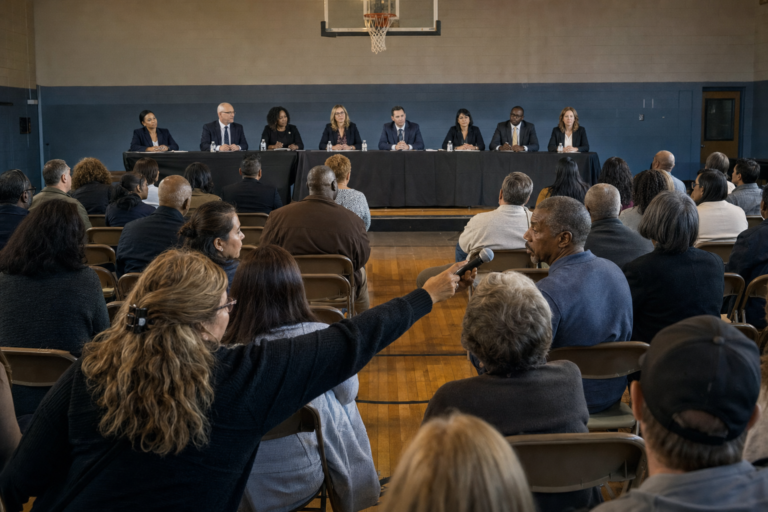District leaders answering parents' questions at a community forum