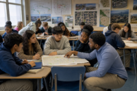 English language learners working on a neighborhood community project in class