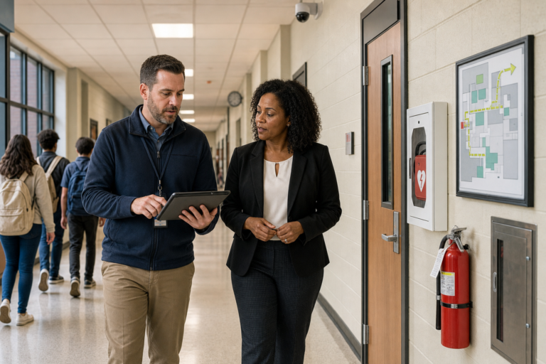 Comprehensive school safety program: a district safety coordinator and a principal walk a hallway checking a camera, AED, evacuation map and fire extinguisher on a tablet