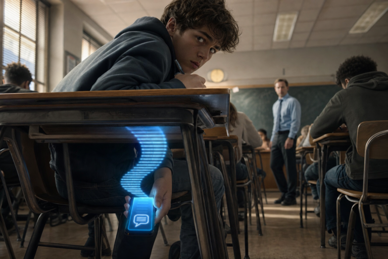A student hides a phone under his desk during a test as an AI chat writes answers, while the teacher notices