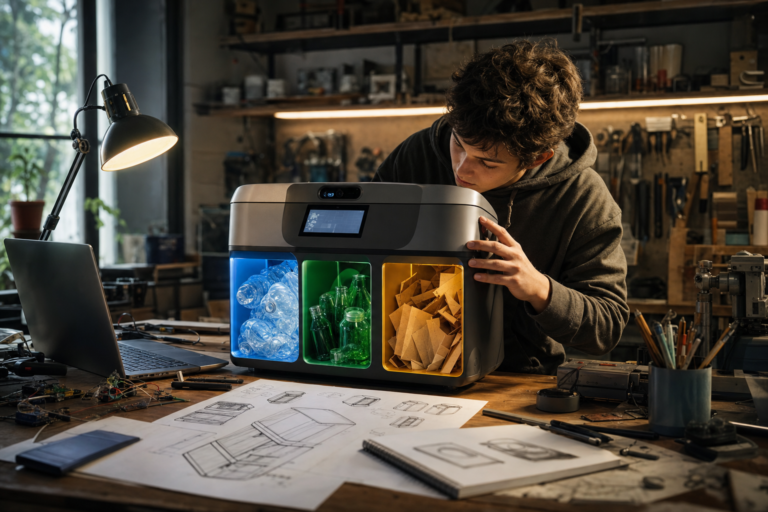 Smart recycling bin prototype sorting materials on an inventor's workbench