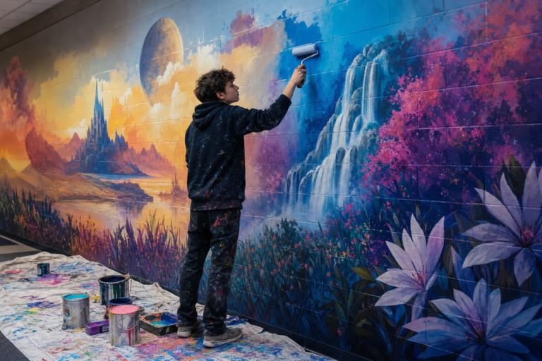 Student painting a colorful mural on a school wall, creativity as a crucial skill