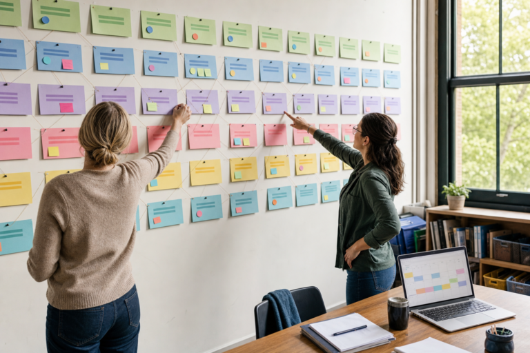 Curriculum mapping: two teachers arrange a colour-coded curriculum map on a planning room wall