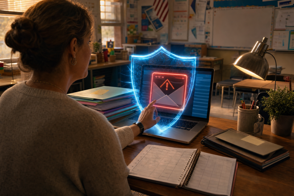 Data privacy in schools: a glowing shield blocks a teacher from clicking a suspicious email on her classroom laptop, keeping student records safe