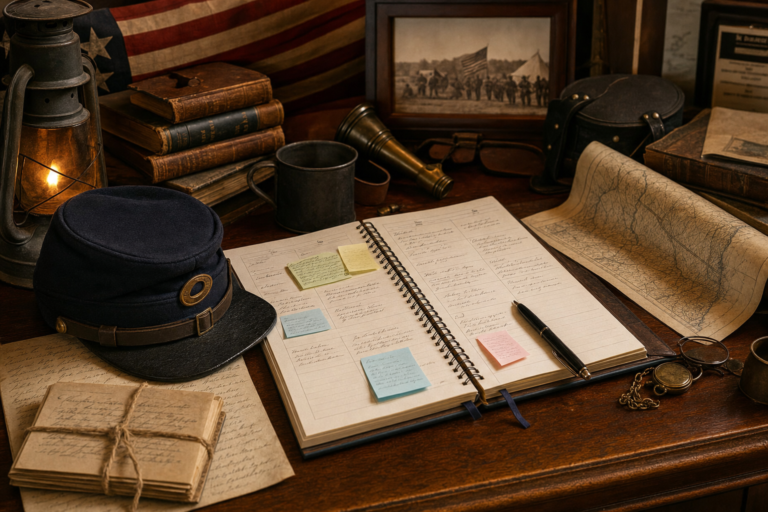 Replica Civil War artifacts beside an open lesson planner, designing an engaging lesson