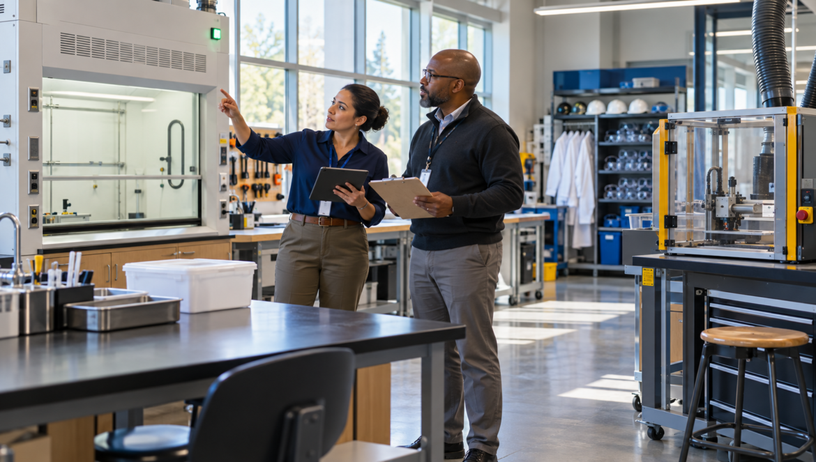 Two engineers in a lab discuss a large equipment chamber one gesturing toward controls as the other holds a clipboardtablet nearby