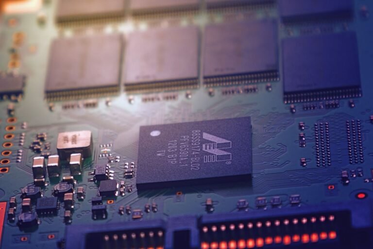 Detailed image of an electronic circuit board showing microchips and i