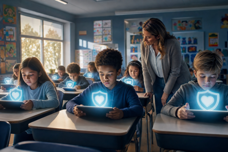 Students on tablets with shield and heart icons above, everyday digital citizenship