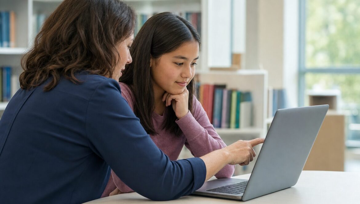 A school librarian and a middle school student look at a laptop together in a school library evaluating what is on the screen