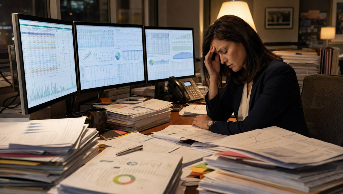Share Your Data Pain With Us | edCircuit District administrator overwhelmed by spreadsheets on three monitors data pain