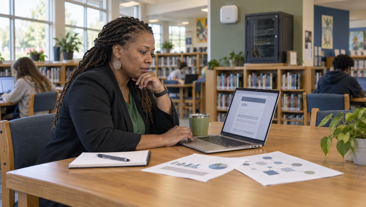 Woman with braided hair sits at a library table studying on a laptop with printed charts and a green mug nearby