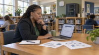 Woman with braided hair sits at a library table studying on a laptop with printed charts and a green mug nearby