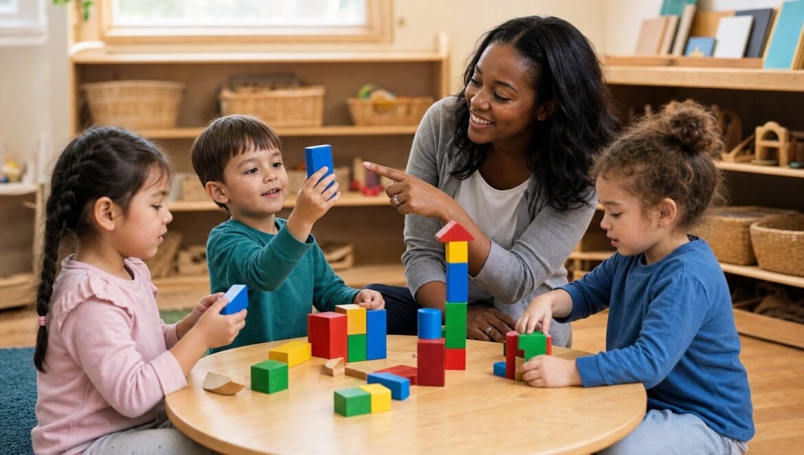 A pre K teacher kneels at a low table with three young children counting and stacking colorful wooden blocks an example of early childhood education