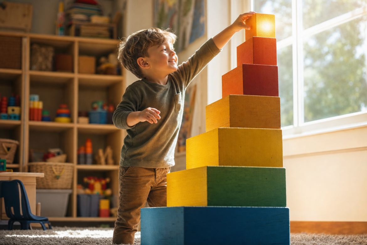 Early education pays off: a preschooler builds a rising staircase of colorful blocks toward a sunlit window