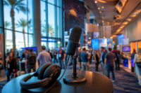 Podcast microphone and headphones in front of a busy edtech conference hall
