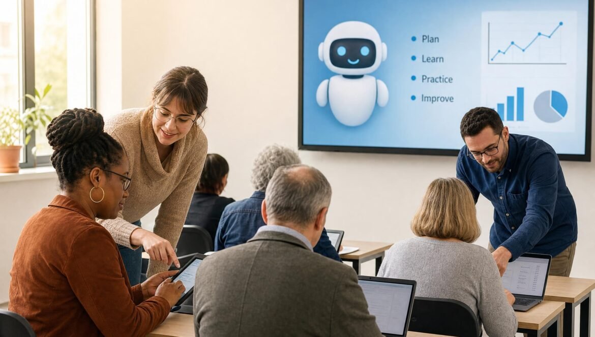 A bright classroom where two teachers help adult learners using tablets and laptops a large wall screen showing a friendly robot icon and simple charts warm w