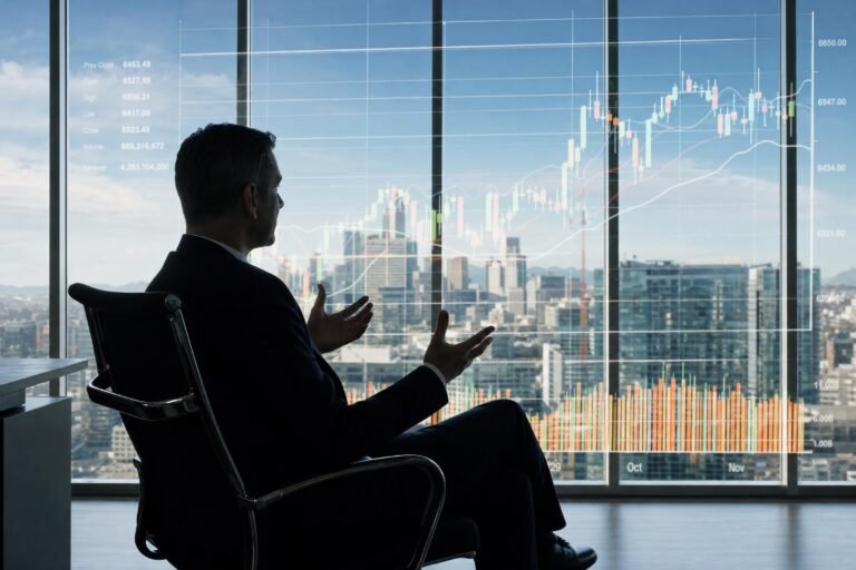 A businessman in silhouette sitting in an office chair gesturing, in front of a glass wall covered with financial charts and grid lines