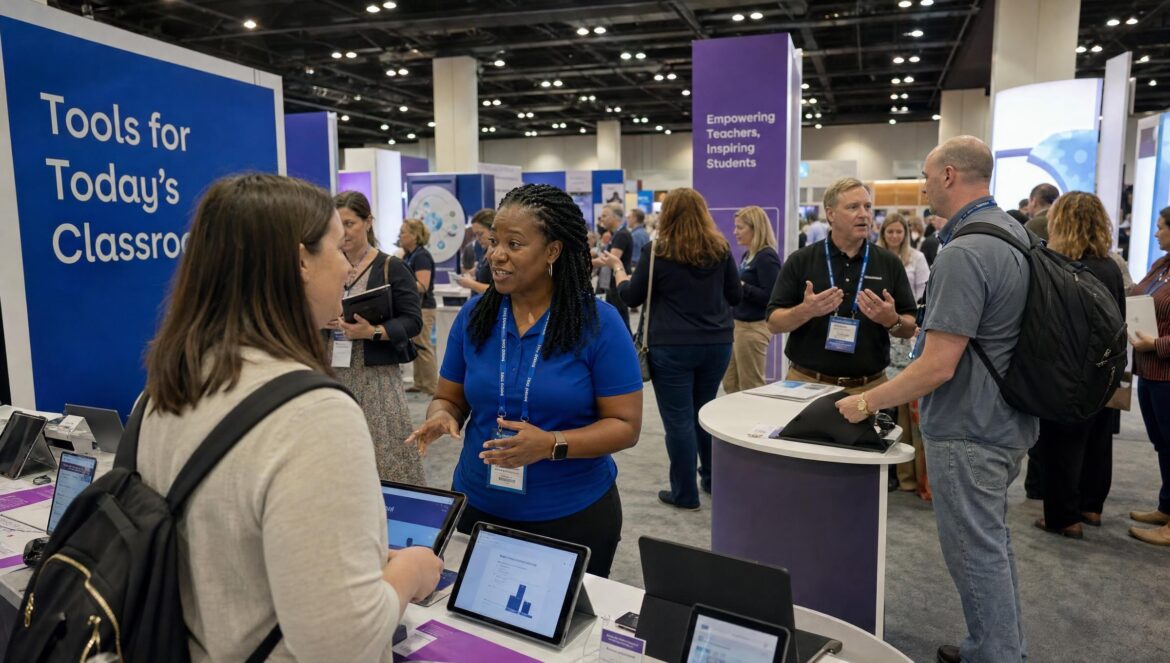 A busy education technology expo hall with teachers and administrators talking at booths tablets and laptops on display tables bright overhead lighting and co
