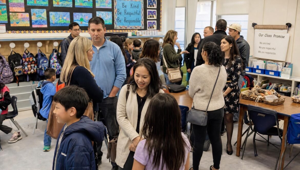 A busy elementary school open house with parents and teachers chatting in a colorful classroom backpacks bulletin boards and student artwork on the walls war
