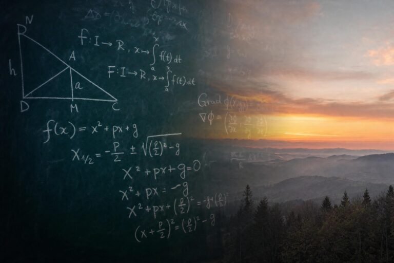 A chalkboard covered in handwritten math equations blending into a misty teal and orange landscape at dusk, double exposure, dramatic light
