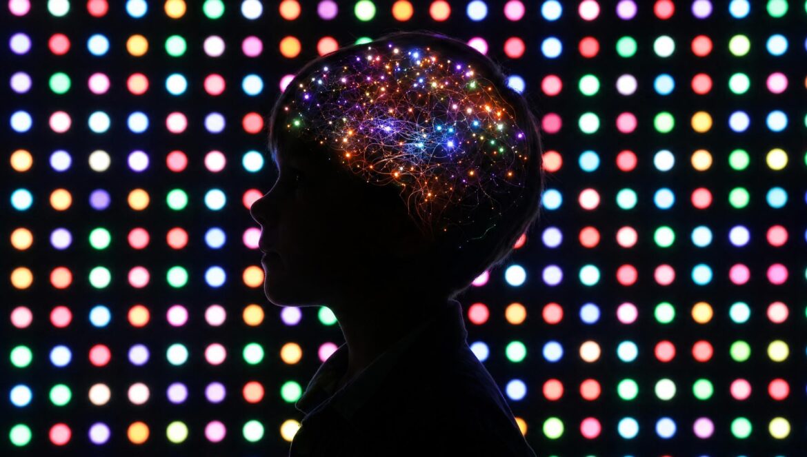 A child in profile silhouette against a wall of bright multicolored dots with colorful lights glowing where the brain would be | edCircuit A child in profile silhouette against a wall of bright multicolored dots with colorful lights glowing where the brain would be