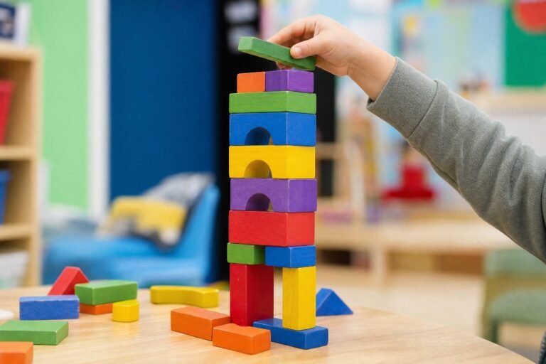 A child's hand placing a green block on top of a tall tower of brightly colored wooden blocks in a classroom, colorful blurred background