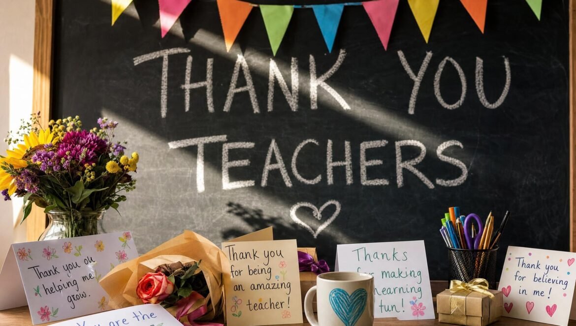 A classroom chalkboard reading THANK YOU TEACHERS surrounded by handwritten cards flowers a coffee mug and small gifts on a desk colorful bunting above warm
