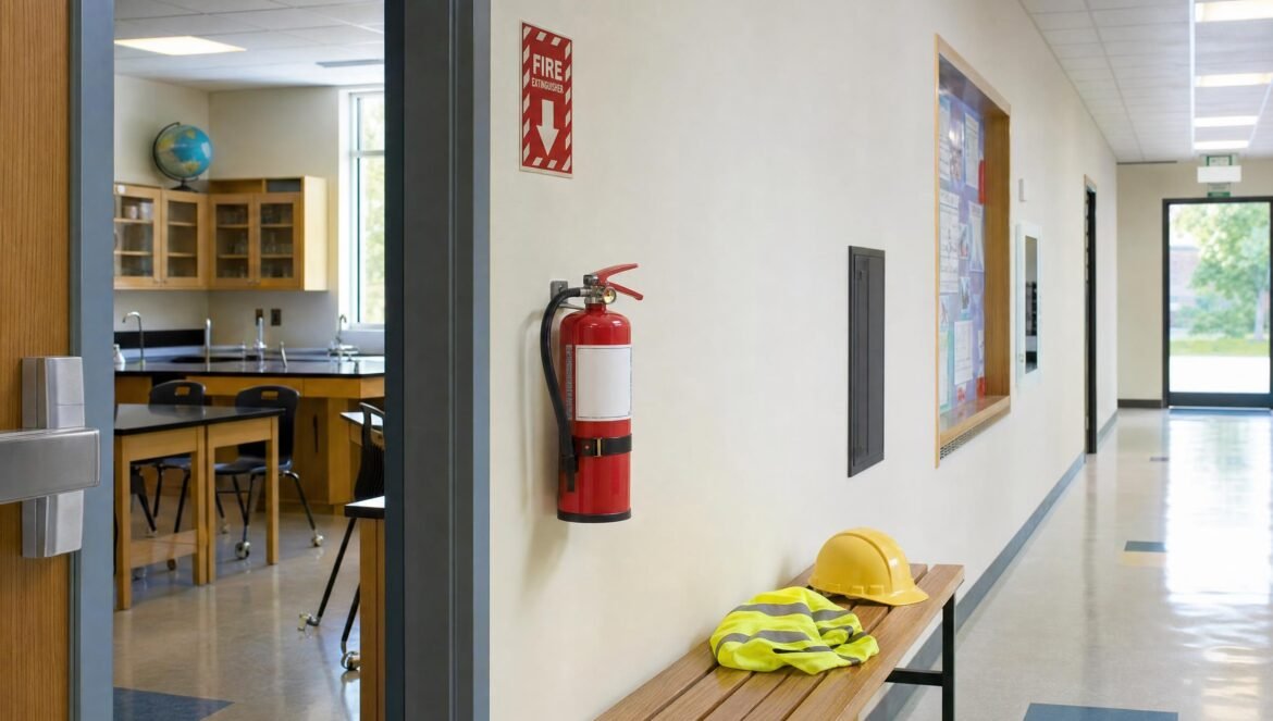 A clean school hallway with a wall mounted fire extinguisher a yellow hard hat and safety vest resting on a bench and a science classroom visible through an o