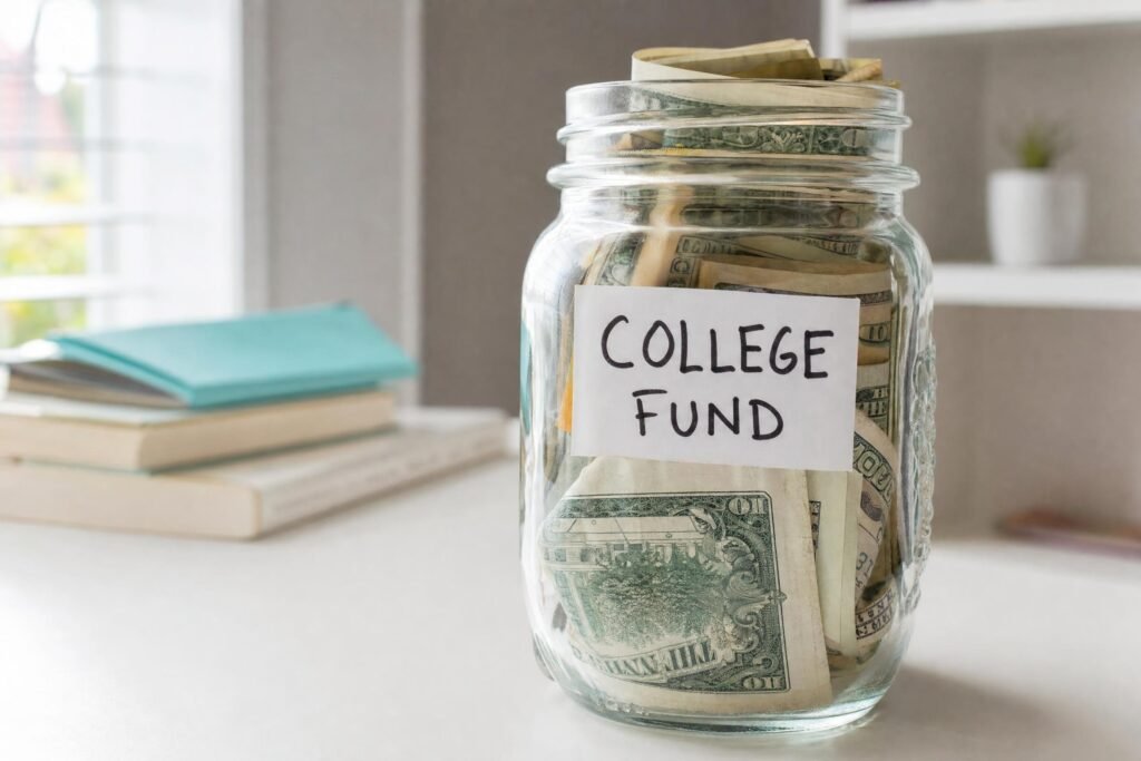 A clear glass jar stuffed with folded dollar bills and labeled with a handwritten paper tag reading COLLEGE FUND on a white table soft daylight | edCircuit A clear glass jar stuffed with folded dollar bills and labeled with a handwritten paper tag reading COLLEGE FUND on a white table soft daylight