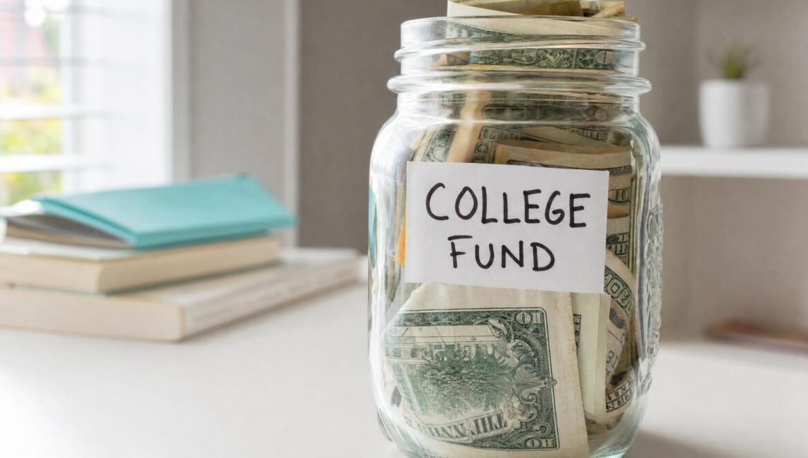A clear glass jar stuffed with folded dollar bills and labeled with a handwritten paper tag reading COLLEGE FUND on a white table soft daylight