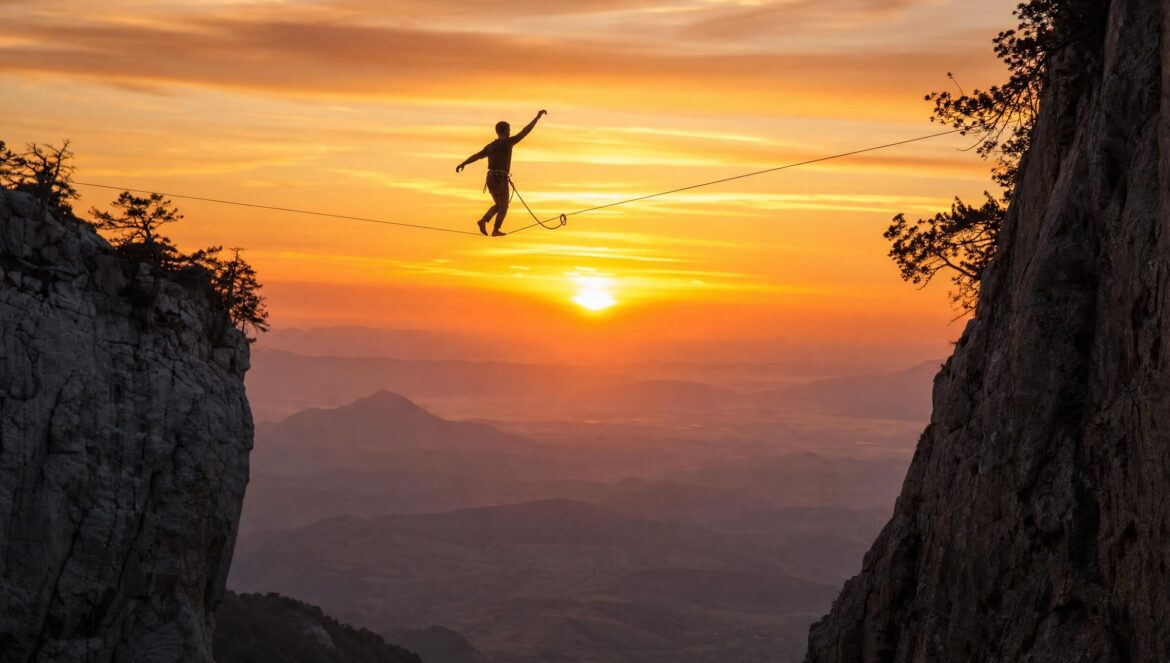A climber in silhouette hanging from a rope stretched between two rocky cliffs against a glowing orange and gold sunset sky | edCircuit A climber in silhouette hanging from a rope stretched between two rocky cliffs against a glowing orange and gold sunset sky