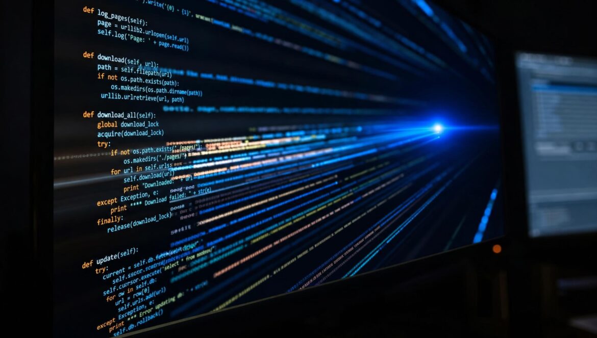 A computer monitor in a dark room showing glowing lines of programming code streaming toward a bright blue light point shallow depth of field