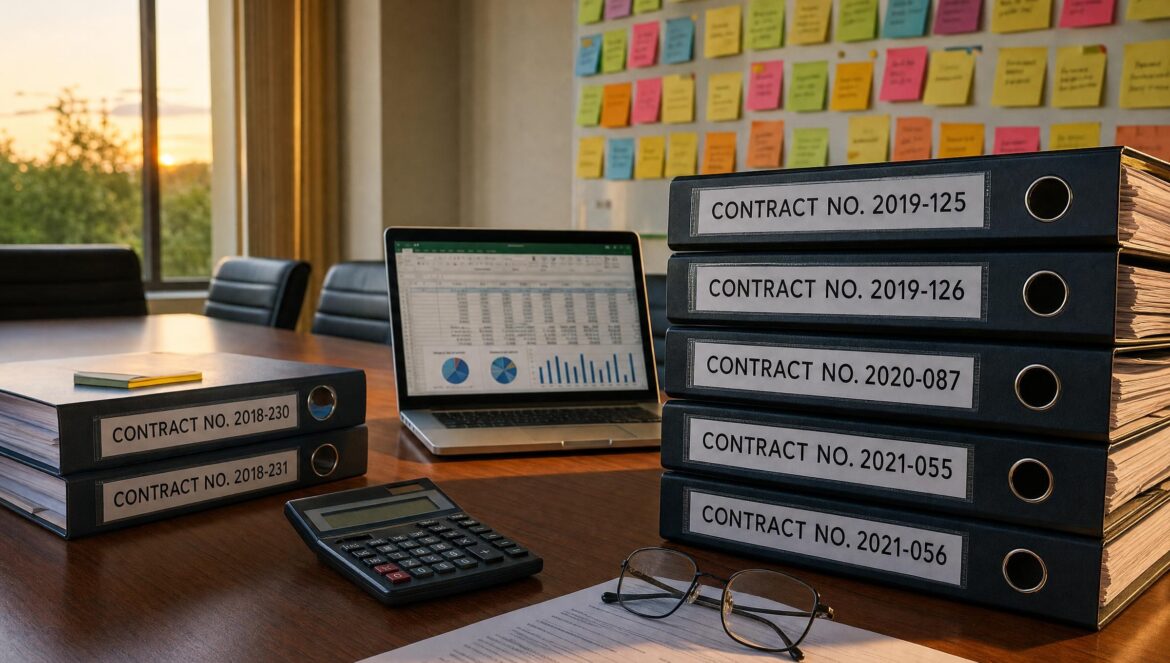 A conference room table stacked with labeled contract binders a calculator reading glasses and an open laptop showing spreadsheets a wall of sticky notes beh