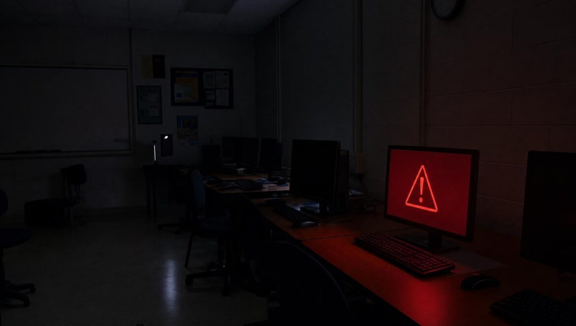 A dark school computer lab at night one monitor glowing red with a large warning triangle on screen empty chairs in the shadows
