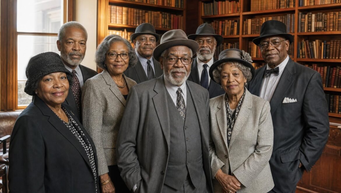 A dignified group portrait of older Black educators and community leaders in suits and hats standing together in a warmly lit library golden light