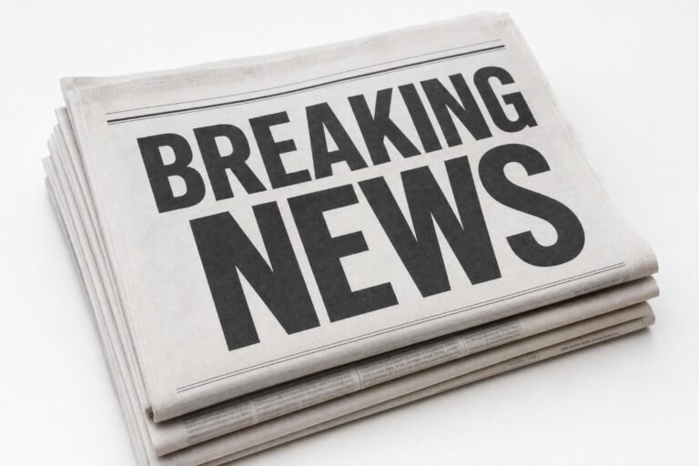 A folded stack of newspapers on a white table with the front page headline reading BREAKING NEWS in bold black letters, soft studio light