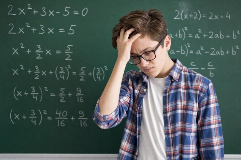 A frustrated teenage student in glasses and plaid shirt holding his head in his hand in front of a green chalkboard covered with algebra equations