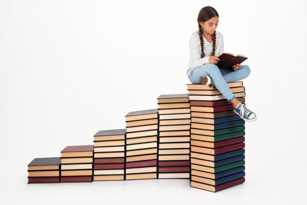 A girl sitting at the top of a staircase made of stacked hardcover books reading an open book plain white studio background | edCircuit A girl sitting at the top of a staircase made of stacked hardcover books reading an open book plain white studio background