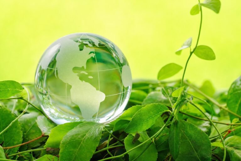 A glass globe with green continents resting on fresh green leaves and vines against a bright lime green background, soft natural light